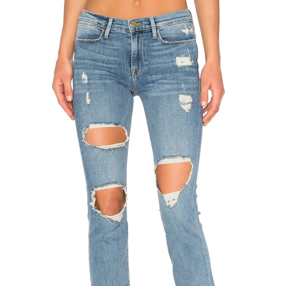 NWT FRAME Blue Distressed Denim Le High Straight Jeans Size 28 $375